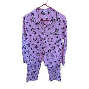Sleep Tight Women Pink Pajama Set Long Sleeve Cotton Pants M Button Pocket Dog